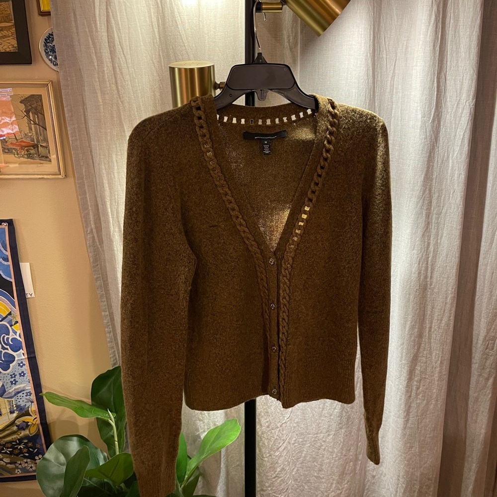 Work wear layering soft separates Brown Cardigan Sweater w‎ metal trim Med.